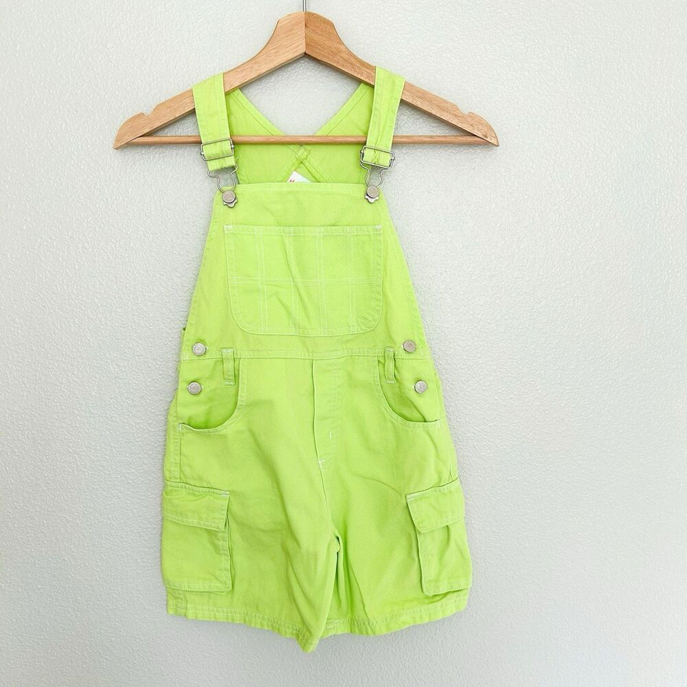 Vintage Camp Beverly Hill Denim Short Overalls Neon Bright Green Size M 5/6